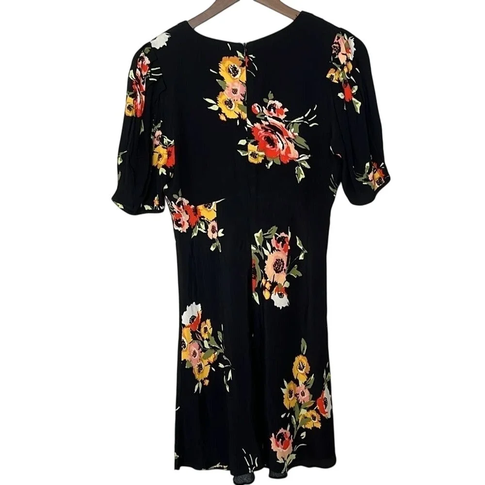 Free People Neon Garden Black Floral Print‎ Mini Dress Size 0 V Neck Multi Color